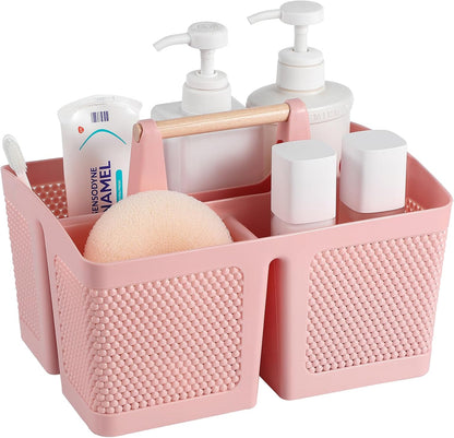 Portable Plastic Shower Caddy with Bamboo Handle, Pink