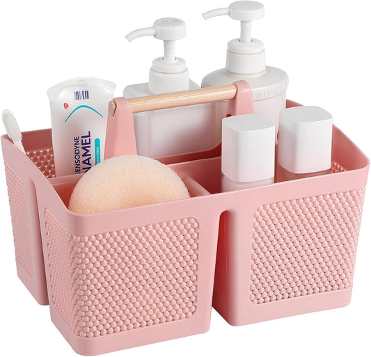 Portable Plastic Shower Caddy with Bamboo Handle, Pink