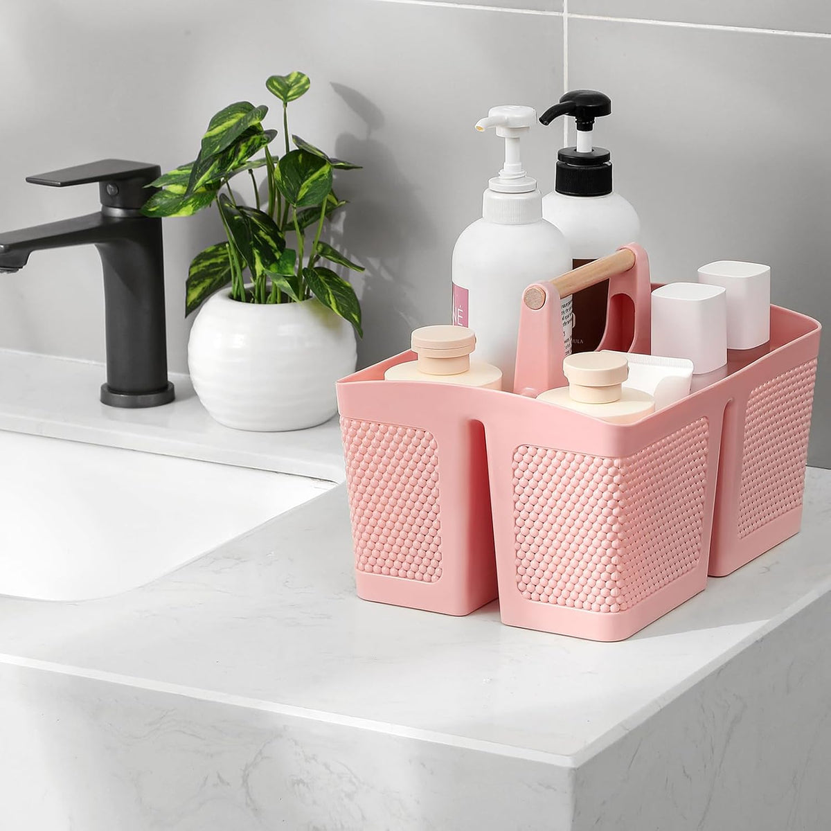 Portable Plastic Shower Caddy with Bamboo Handle, Pink