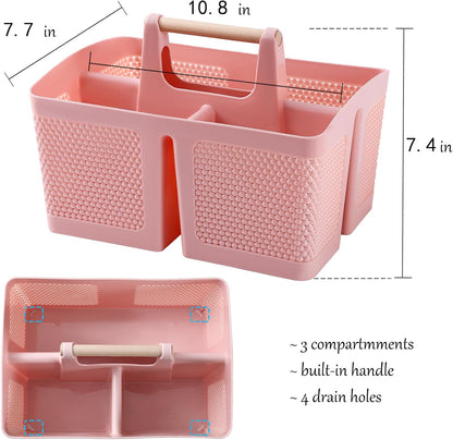 Portable Plastic Shower Caddy with Bamboo Handle, Pink
