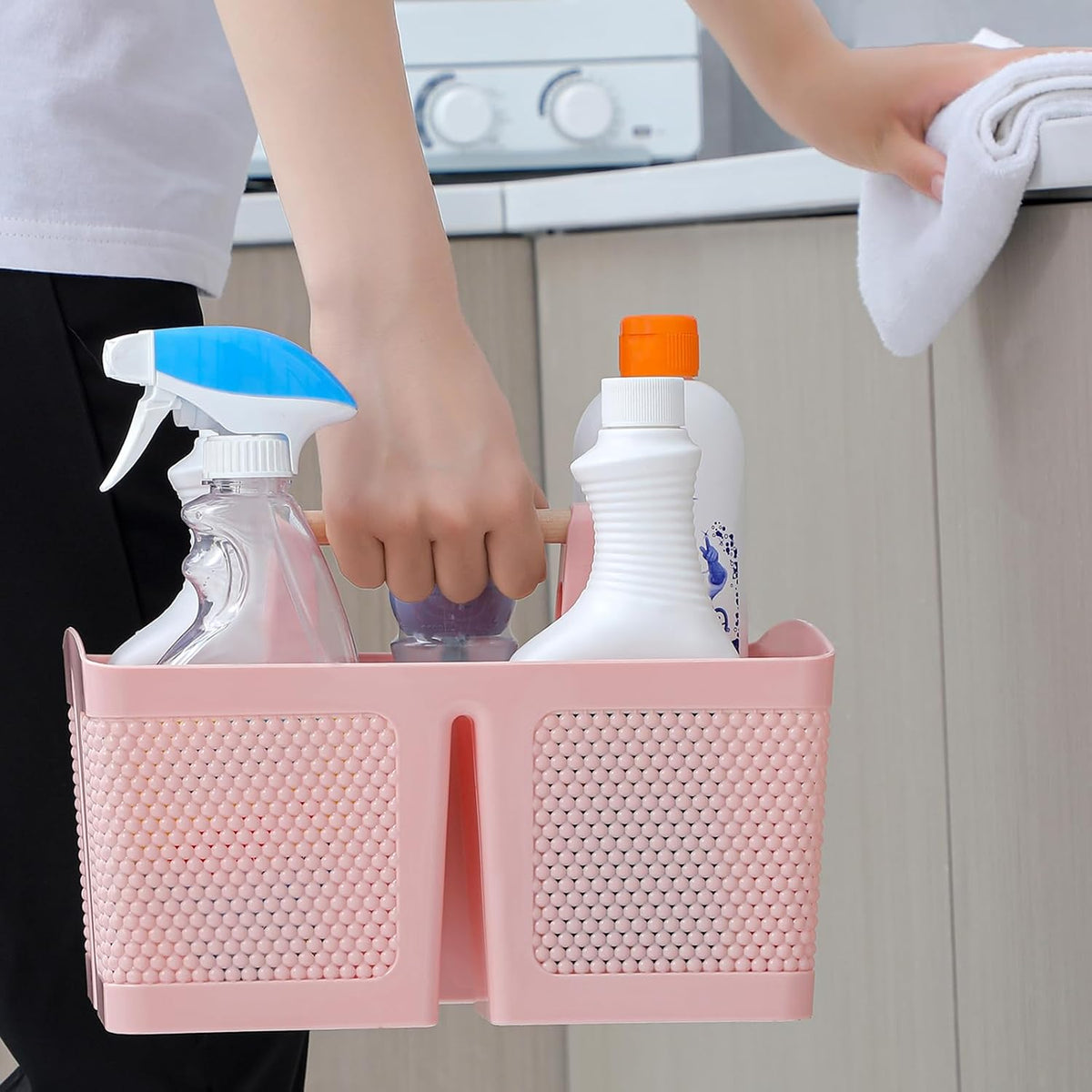 Portable Plastic Shower Caddy with Bamboo Handle, Pink