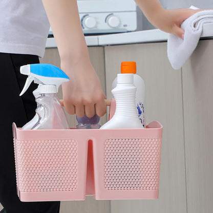 Portable Plastic Shower Caddy with Bamboo Handle, Pink