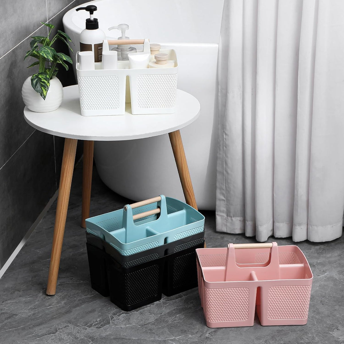 Portable Plastic Shower Caddy with Bamboo Handle, Pink