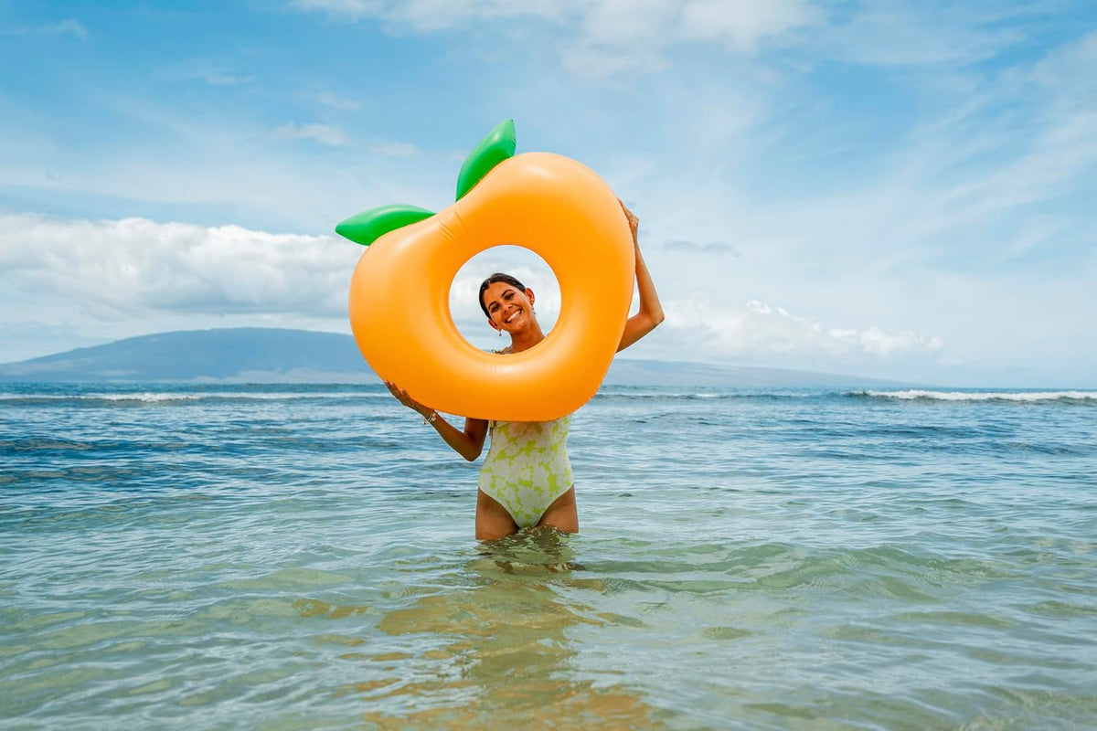 PoolCandy 40 Inch Peach Inflatable Pool Tube Float, Fruit Design Swim Ring for Pool Beach Lake, Heavy Duty PVC Water Lounger for Teens Adults Supports Up to 250 lbs