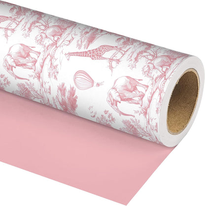 Baby Shower Wrapping Paper Sheets Roll for Girls Kids Pink White Jungle Animals Design Gift Wrap Sheets for Holiday Birthday Baby Shower Party Packing Supplies - Total 28.5sq.ft