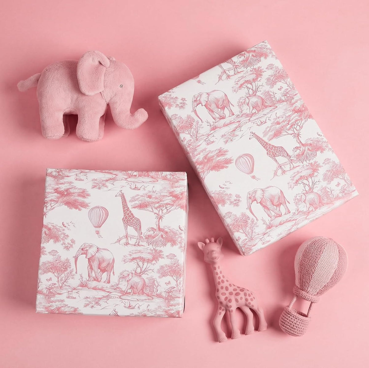 Baby Shower Wrapping Paper Sheets Roll for Girls Kids Pink White Jungle Animals Design Gift Wrap Sheets for Holiday Birthday Baby Shower Party Packing Supplies - Total 28.5sq.ft