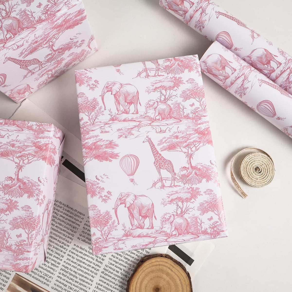 Baby Shower Wrapping Paper Sheets Roll for Girls Kids Pink White Jungle Animals Design Gift Wrap Sheets for Holiday Birthday Baby Shower Party Packing Supplies - Total 28.5sq.ft