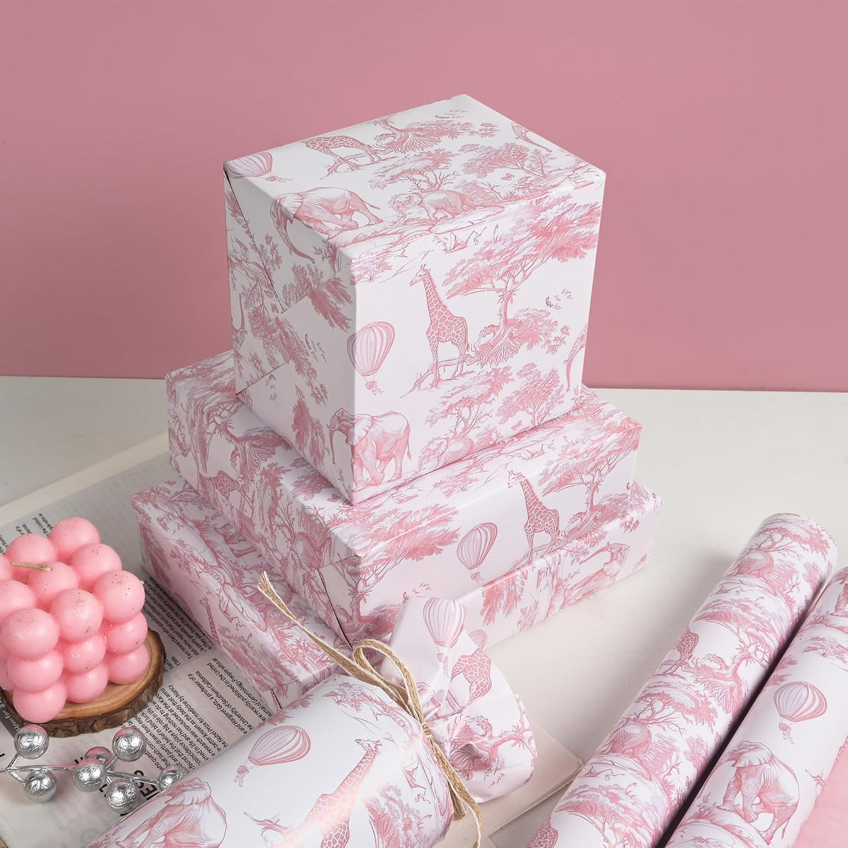 Baby Shower Wrapping Paper Sheets Roll for Girls Kids Pink White Jungle Animals Design Gift Wrap Sheets for Holiday Birthday Baby Shower Party Packing Supplies - Total 28.5sq.ft