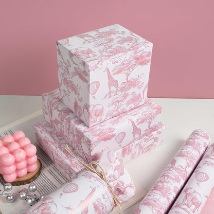 Baby Shower Wrapping Paper Sheets Roll for Girls Kids Pink White Jungle Animals Design Gift Wrap Sheets for Holiday Birthday Baby Shower Party Packing Supplies - Total 28.5sq.ft