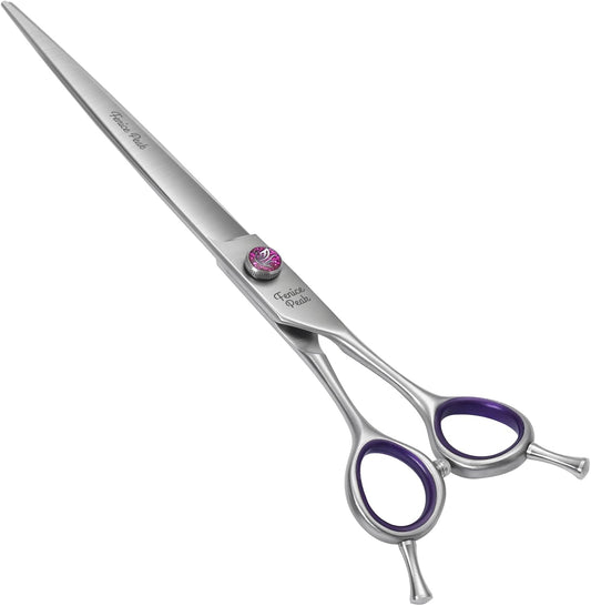 8'' Straight Dog Grooming Scissors with Decorative Screw Professional 440C Stainless Steel Metallic Pet Trimming Shears with Offset Handle Durable and Sharp