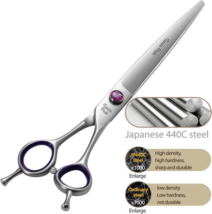 8'' Straight Dog Grooming Scissors with Decorative Screw Professional 440C Stainless Steel Metallic Pet Trimming Shears with Offset Handle Durable and Sharp