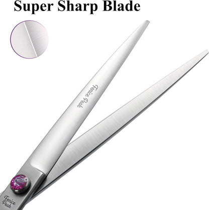 8'' Straight Dog Grooming Scissors with Decorative Screw Professional 440C Stainless Steel Metallic Pet Trimming Shears with Offset Handle Durable and Sharp