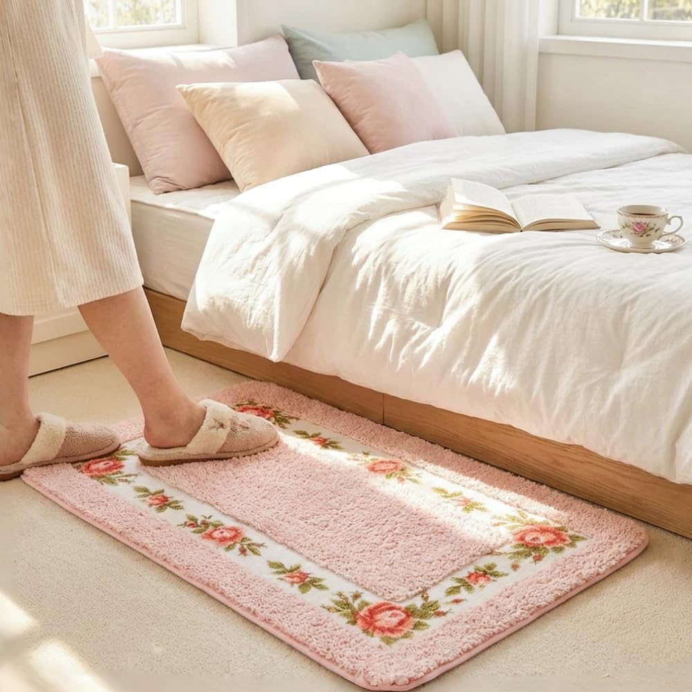 Bathroom Rugs Romantic Rose Flower Bath Rugs - Soft, Absorbent, Non-Slip,Entrance Mat(Pink,16x24 in)
