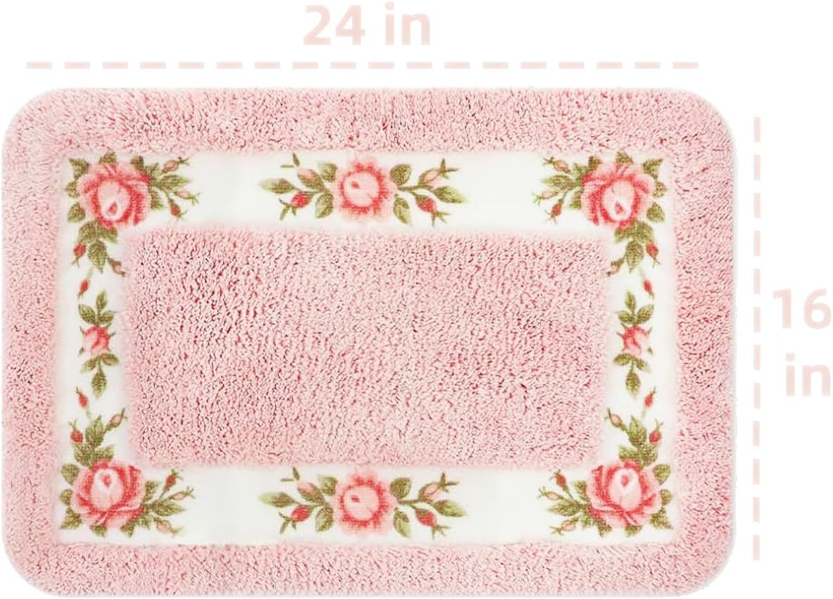 Bathroom Rugs Romantic Rose Flower Bath Rugs - Soft, Absorbent, Non-Slip,Entrance Mat(Pink,16x24 in)
