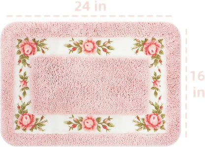 Bathroom Rugs Romantic Rose Flower Bath Rugs - Soft, Absorbent, Non-Slip,Entrance Mat(Pink,16x24 in)