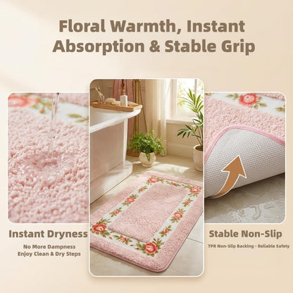 Bathroom Rugs Romantic Rose Flower Bath Rugs - Soft, Absorbent, Non-Slip,Entrance Mat(Pink,16x24 in)