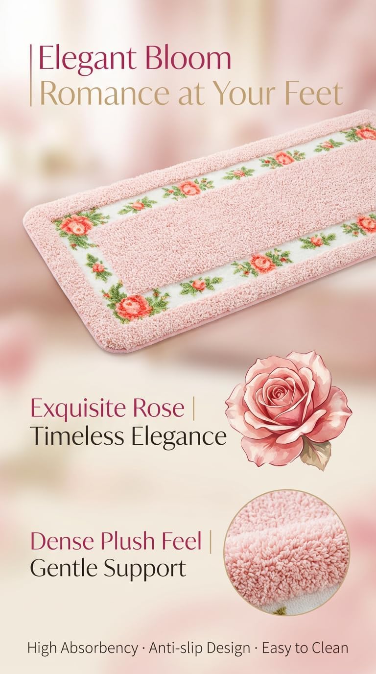 Bathroom Rugs Romantic Rose Flower Bath Rugs - Soft, Absorbent, Non-Slip,Entrance Mat(Pink,16x24 in)