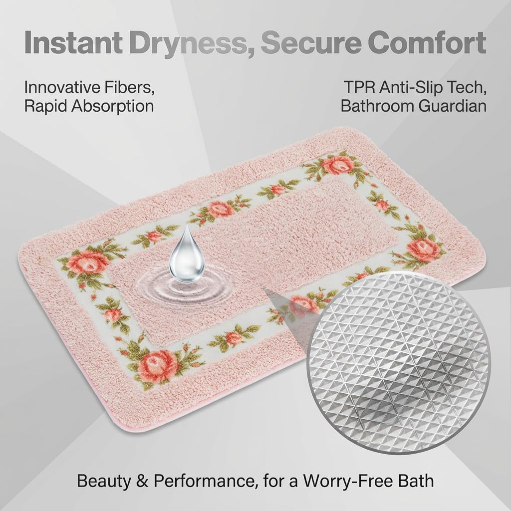 Bathroom Rugs Romantic Rose Flower Bath Rugs - Soft, Absorbent, Non-Slip,Entrance Mat(Pink,16x24 in)
