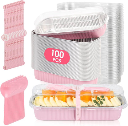 100 Pack Mini Cake Pans with Lids and Spoons, Disposable Aluminum Foil Cake Tins（6.8oz） Individual Small Cake Baking Containers for Party, Wedding, Birthday