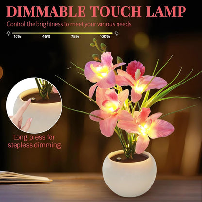 Artificial Flower Night Light, Touch Stepless Dimming USB Rechargeable Pink Orchid Flower with Vase Lamp, LED Desktop Decorative Landscape Lights for Festival Party Home Decor (Pink)