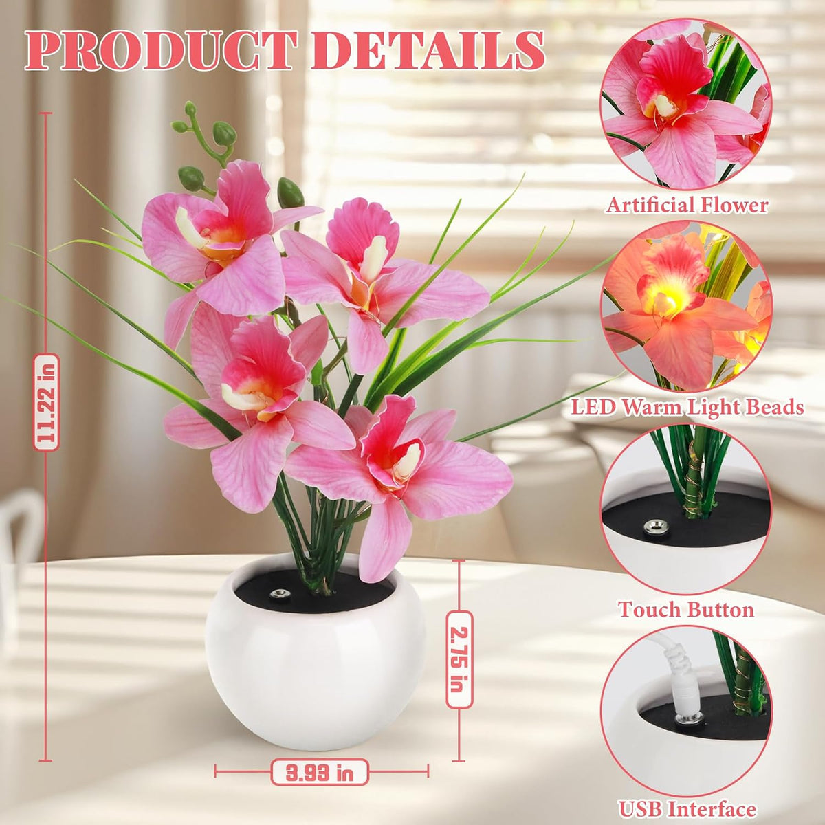 Artificial Flower Night Light, Touch Stepless Dimming USB Rechargeable Pink Orchid Flower with Vase Lamp, LED Desktop Decorative Landscape Lights for Festival Party Home Decor (Pink)