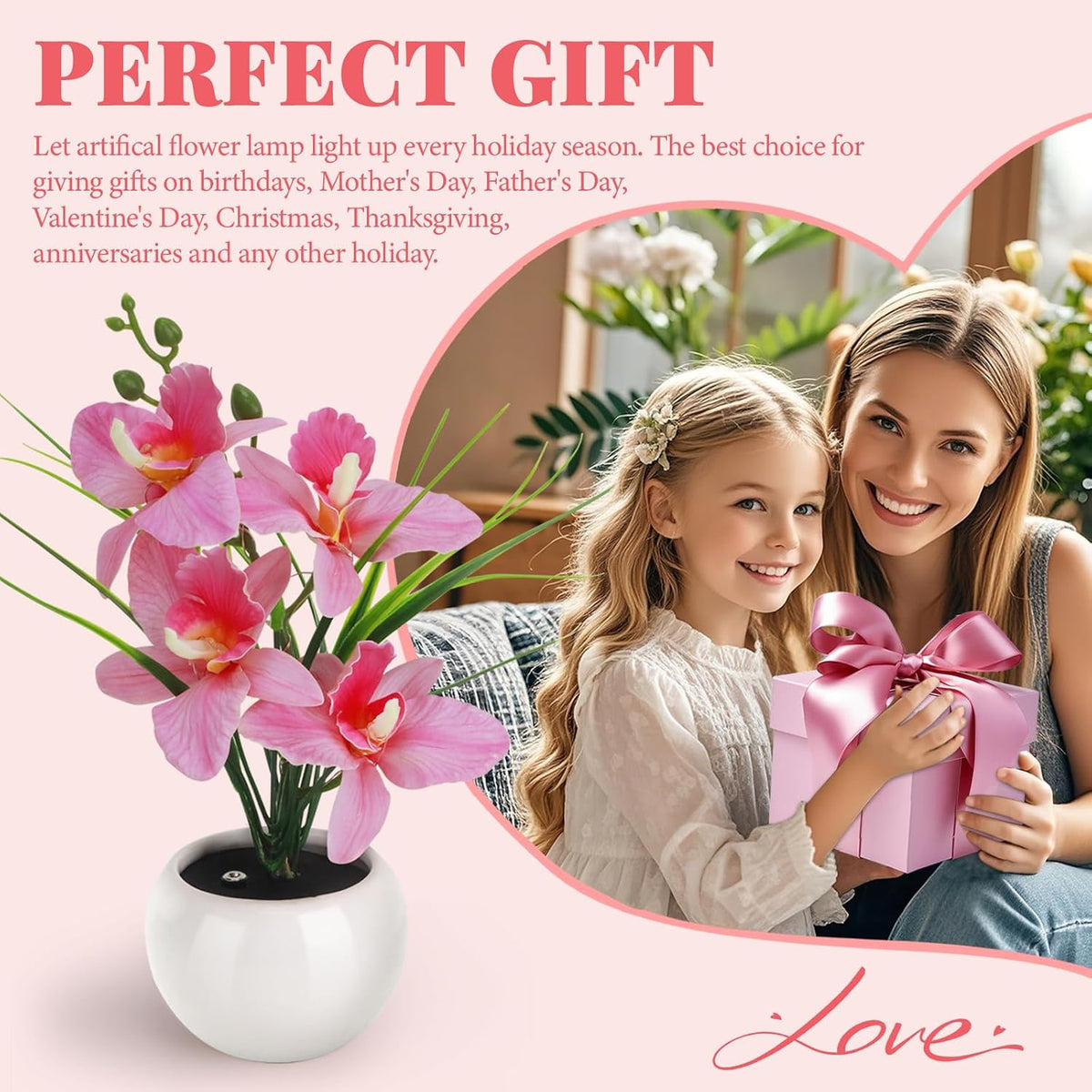 Artificial Flower Night Light, Touch Stepless Dimming USB Rechargeable Pink Orchid Flower with Vase Lamp, LED Desktop Decorative Landscape Lights for Festival Party Home Decor (Pink)