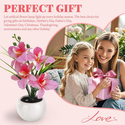 Artificial Flower Night Light, Touch Stepless Dimming USB Rechargeable Pink Orchid Flower with Vase Lamp, LED Desktop Decorative Landscape Lights for Festival Party Home Decor (Pink)