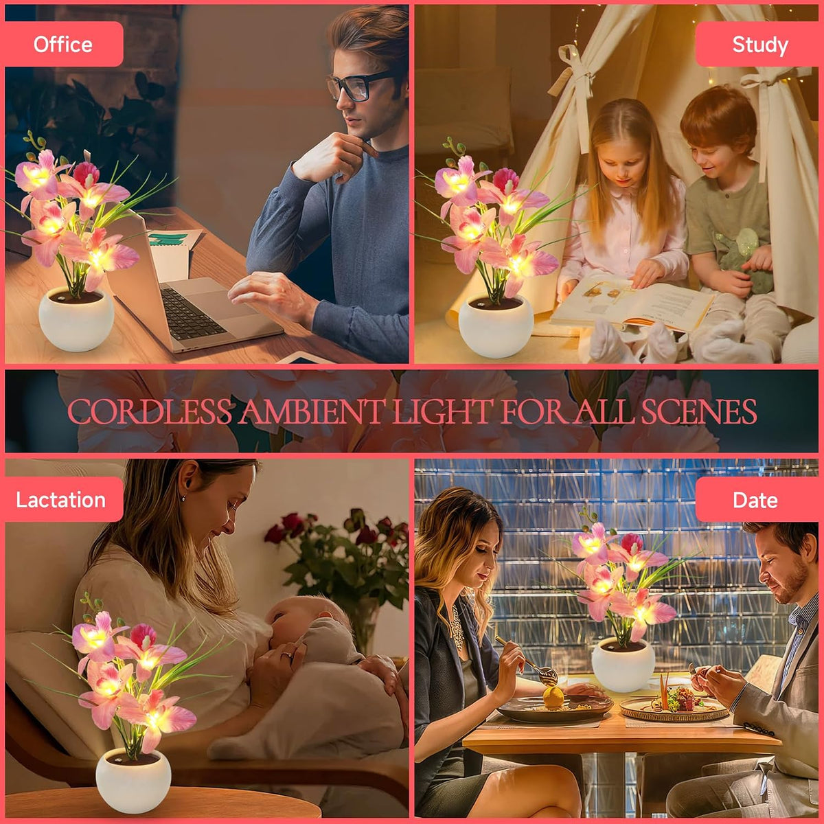 Artificial Flower Night Light, Touch Stepless Dimming USB Rechargeable Pink Orchid Flower with Vase Lamp, LED Desktop Decorative Landscape Lights for Festival Party Home Decor (Pink)