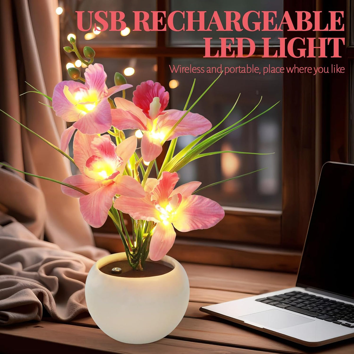 Artificial Flower Night Light, Touch Stepless Dimming USB Rechargeable Pink Orchid Flower with Vase Lamp, LED Desktop Decorative Landscape Lights for Festival Party Home Decor (Pink)
