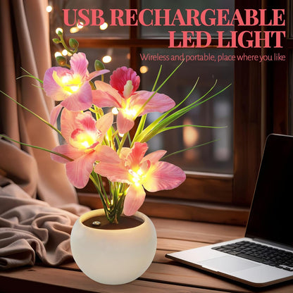 Artificial Flower Night Light, Touch Stepless Dimming USB Rechargeable Pink Orchid Flower with Vase Lamp, LED Desktop Decorative Landscape Lights for Festival Party Home Decor (Pink)