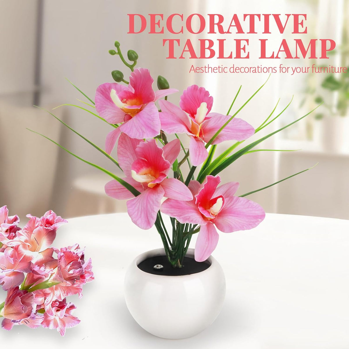 Artificial Flower Night Light, Touch Stepless Dimming USB Rechargeable Pink Orchid Flower with Vase Lamp, LED Desktop Decorative Landscape Lights for Festival Party Home Decor (Pink)