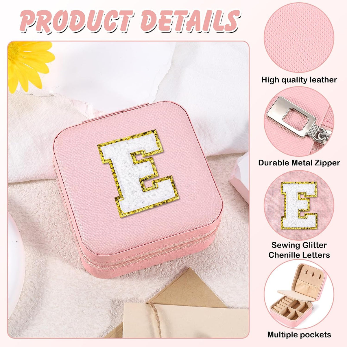 Travel Jewelry Case for Women Girls Small Jewelry Box Mini Jewelry Organizer Holder Pink Portable Personalized Birthday Gift for Women Mom Daughter Friends Female Her Teenage Girl Teacher(E)