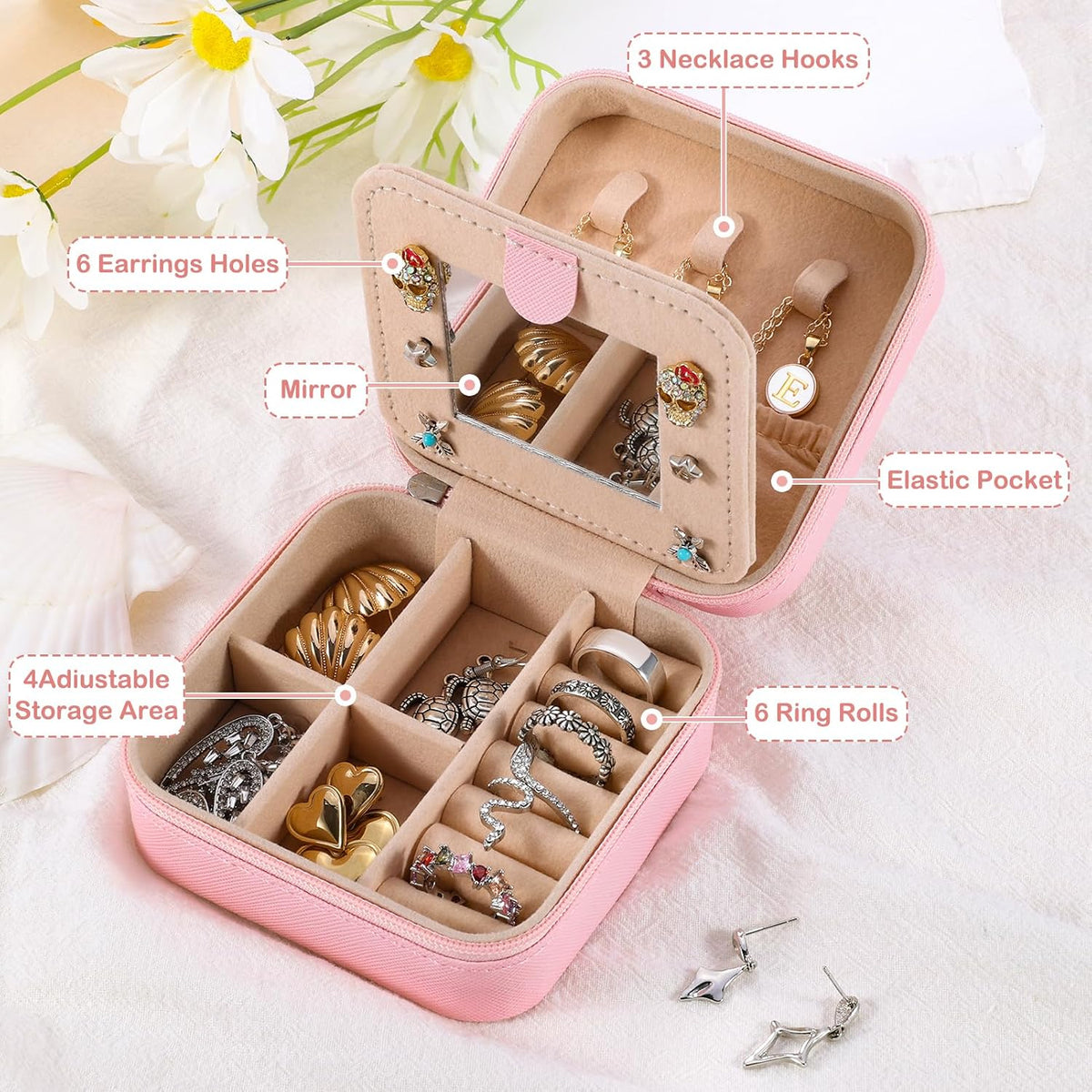 Travel Jewelry Case for Women Girls Small Jewelry Box Mini Jewelry Organizer Holder Pink Portable Personalized Birthday Gift for Women Mom Daughter Friends Female Her Teenage Girl Teacher(E)