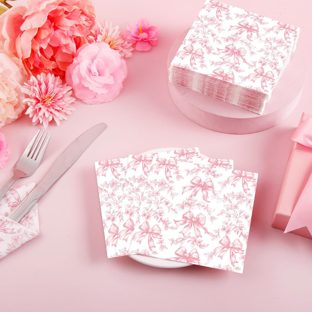 Pink Bow Napkins Cocktail Floral Coquette Party Favor for Baby Shower