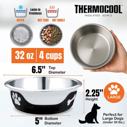 Thermocool Insulated Stainless Steel Pet Bowl - 32 Oz (Large) Non-Slip Feeding Dish Reduces Sliding & Spills, Keeps Water Cold & Food Warm, Dishwasher Safe (Pink)