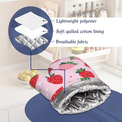 Pink Cute Strawberry Potholders & Oven Mitts Sets Summer Fruits Silicone Heat Resistant Oven Mits and Hot Pads Non-Slip Pot Holders Gloves for Kitchen Chef Cooking Baking Grilling BBQ