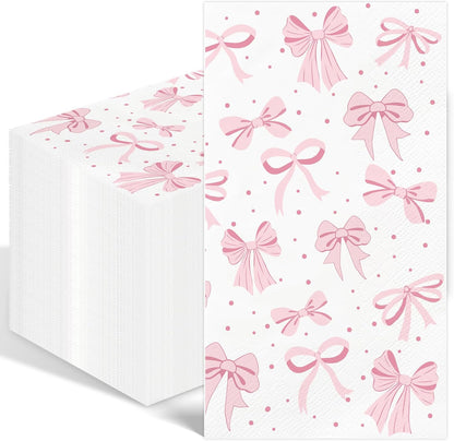 100PCS Pink Bow Napkins Disposable Hand Towels for Bathroom 3 Ply Decorative Bow Paper Napkins Pink Coquette Party Guest Napkins for Birthday Bachelorette Bridal Wedding Party Supplies
