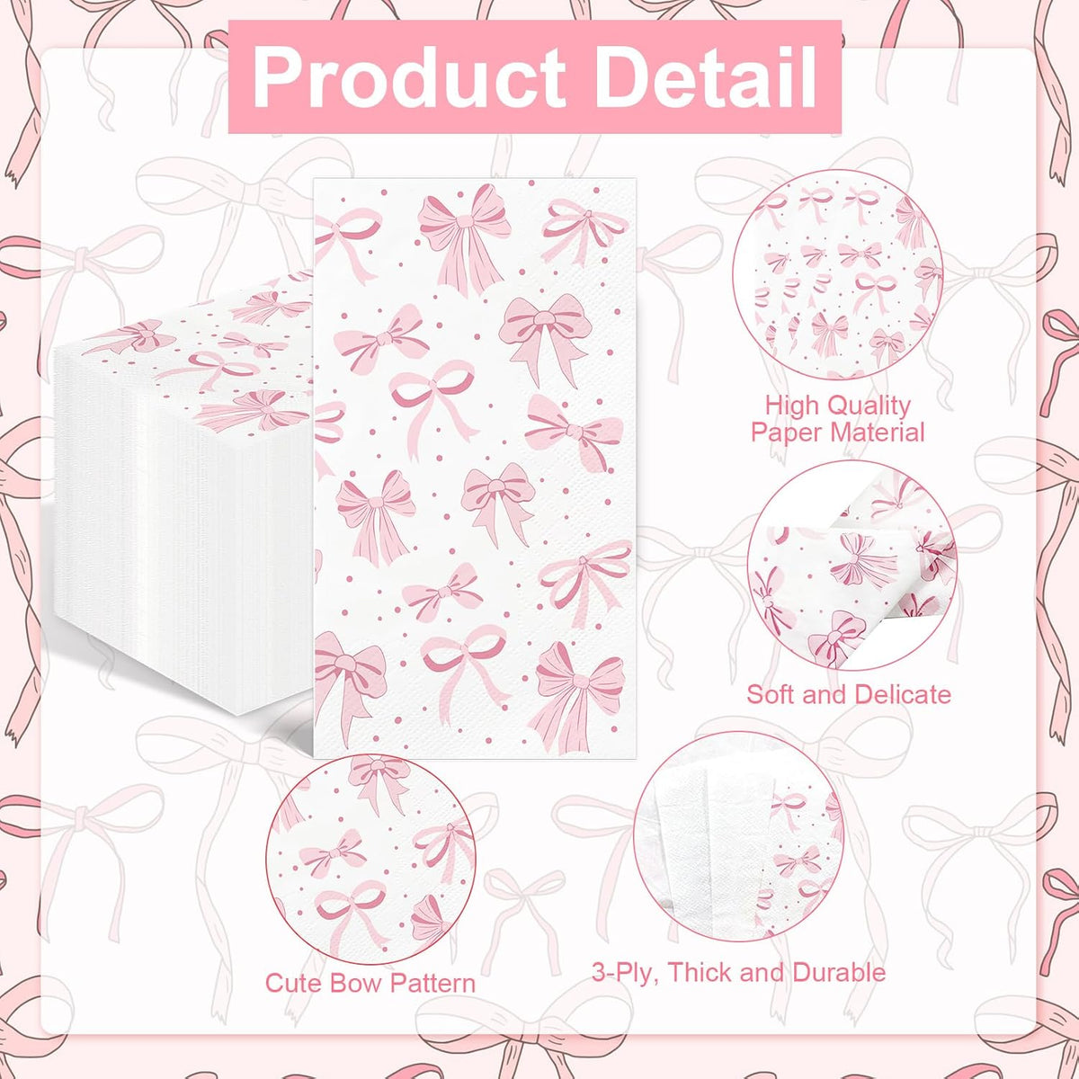 100PCS Pink Bow Napkins Disposable Hand Towels for Bathroom 3 Ply Decorative Bow Paper Napkins Pink Coquette Party Guest Napkins for Birthday Bachelorette Bridal Wedding Party Supplies