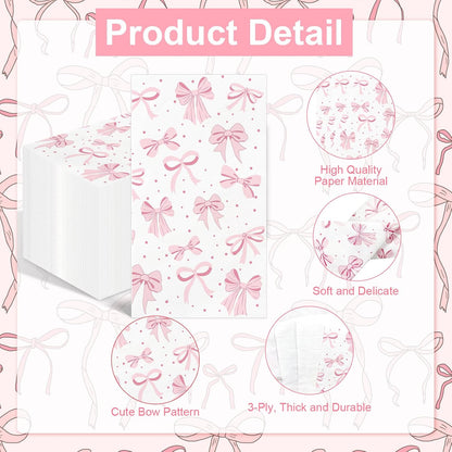 100PCS Pink Bow Napkins Disposable Hand Towels for Bathroom 3 Ply Decorative Bow Paper Napkins Pink Coquette Party Guest Napkins for Birthday Bachelorette Bridal Wedding Party Supplies
