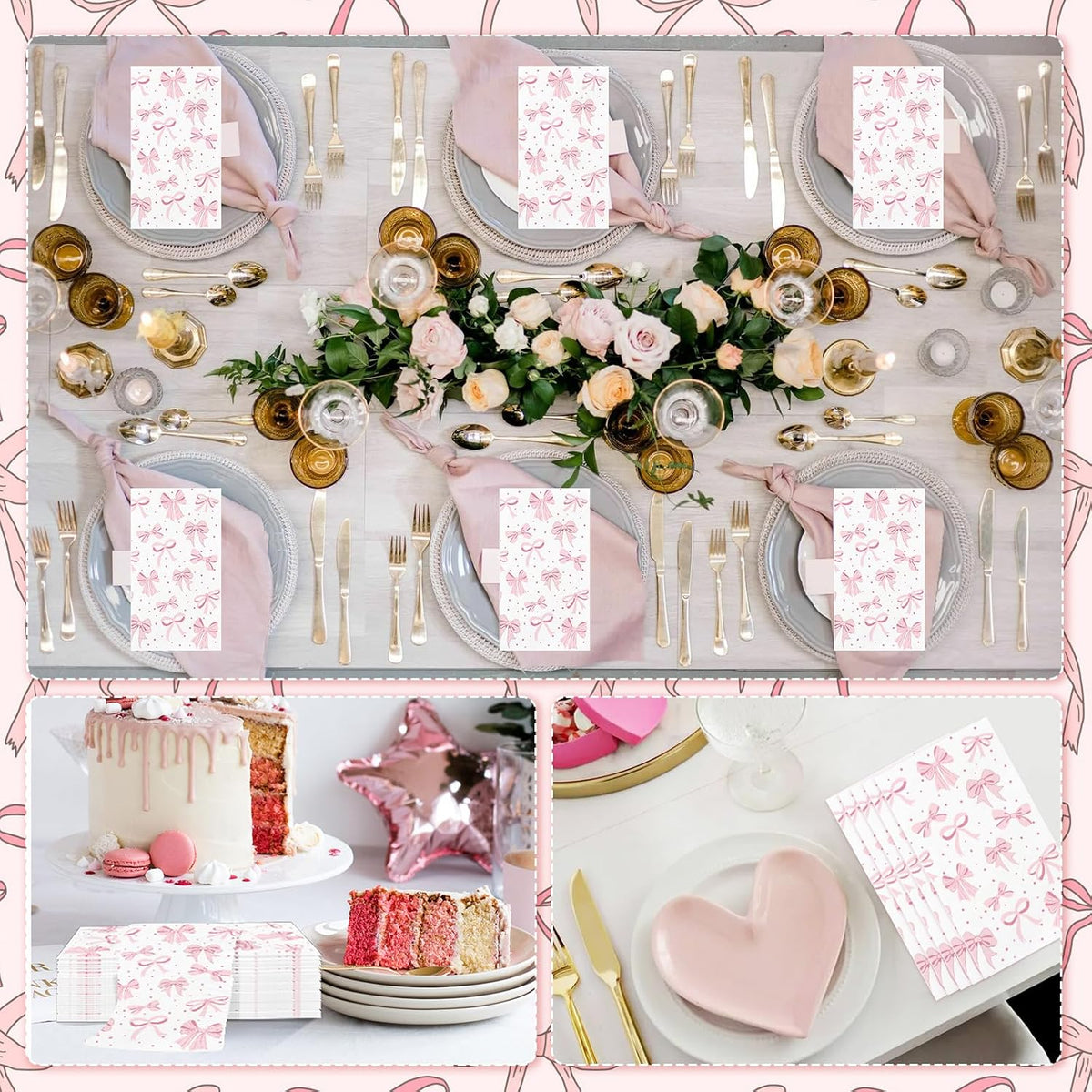 100PCS Pink Bow Napkins Disposable Hand Towels for Bathroom 3 Ply Decorative Bow Paper Napkins Pink Coquette Party Guest Napkins for Birthday Bachelorette Bridal Wedding Party Supplies