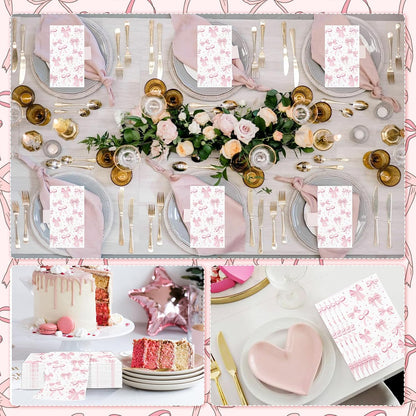 100PCS Pink Bow Napkins Disposable Hand Towels for Bathroom 3 Ply Decorative Bow Paper Napkins Pink Coquette Party Guest Napkins for Birthday Bachelorette Bridal Wedding Party Supplies