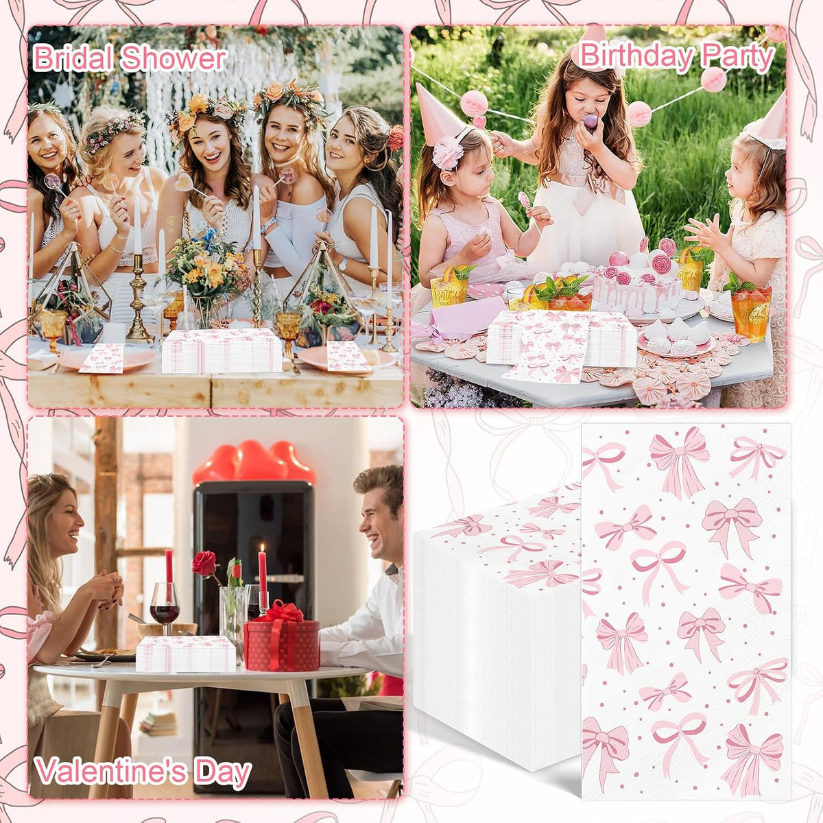 100PCS Pink Bow Napkins Disposable Hand Towels for Bathroom 3 Ply Decorative Bow Paper Napkins Pink Coquette Party Guest Napkins for Birthday Bachelorette Bridal Wedding Party Supplies
