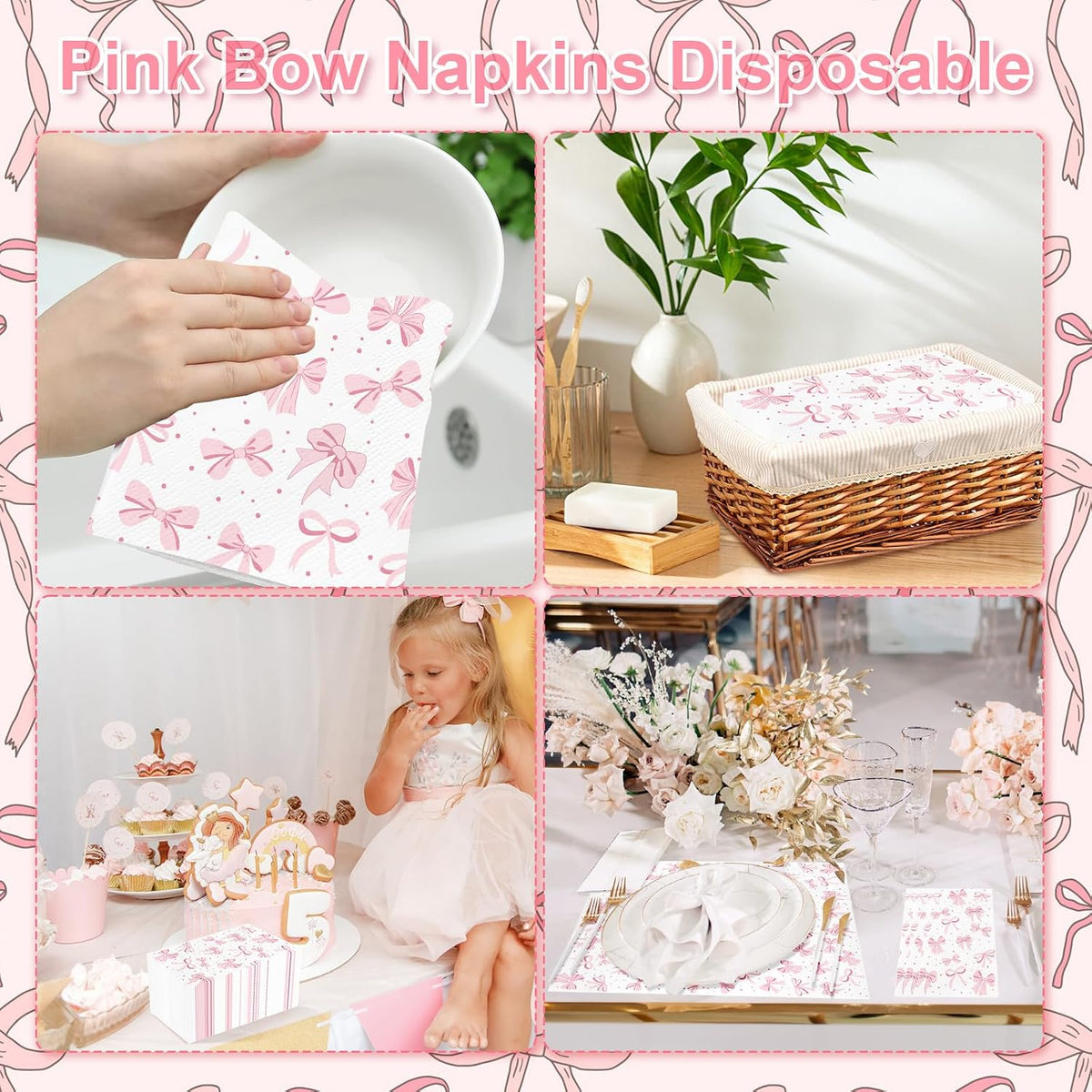 100PCS Pink Bow Napkins Disposable Hand Towels for Bathroom 3 Ply Decorative Bow Paper Napkins Pink Coquette Party Guest Napkins for Birthday Bachelorette Bridal Wedding Party Supplies