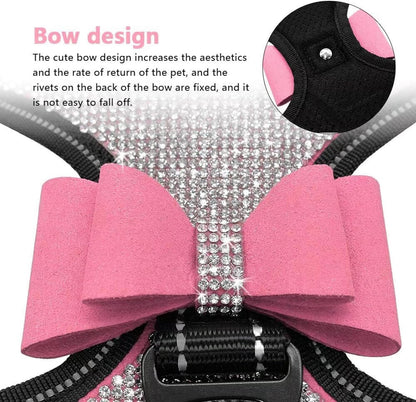 Rhinestone Dog Harness - Reflective Bling Nylon Dog Vest with Sparkly Bow Tie for Small Medium Large Dogs Walking Party Wedding,Pink,L:Chest 21-29"