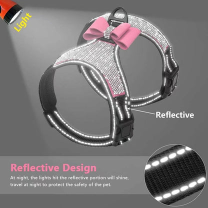 Rhinestone Dog Harness - Reflective Bling Nylon Dog Vest with Sparkly Bow Tie for Small Medium Large Dogs Walking Party Wedding,Pink,L:Chest 21-29"