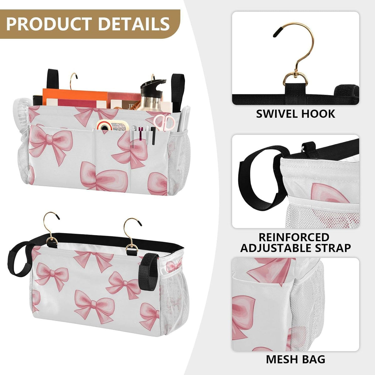 Pink Bow Seamless Bedside Caddy Bedside Organizer Bedside Storage Caddy College Dorm Bed Accessories
