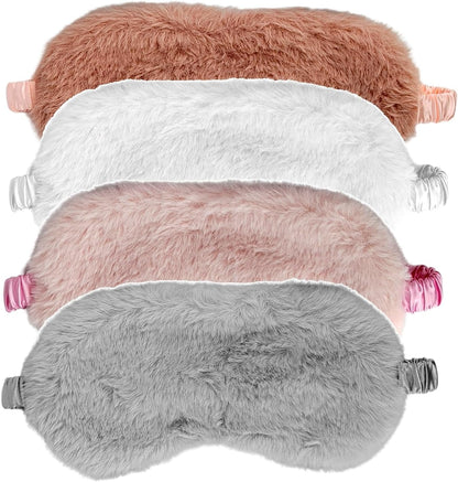 4 Pcs Plush Sleep Masks, Ultra Cute Soft Sleep Eye Cover, Blindfold Travel Sleep Masks for Kids Men Women, with Elastic Strap, Adjustable for Kids Adult (Beige,Dark Pink,Pink,Grey)