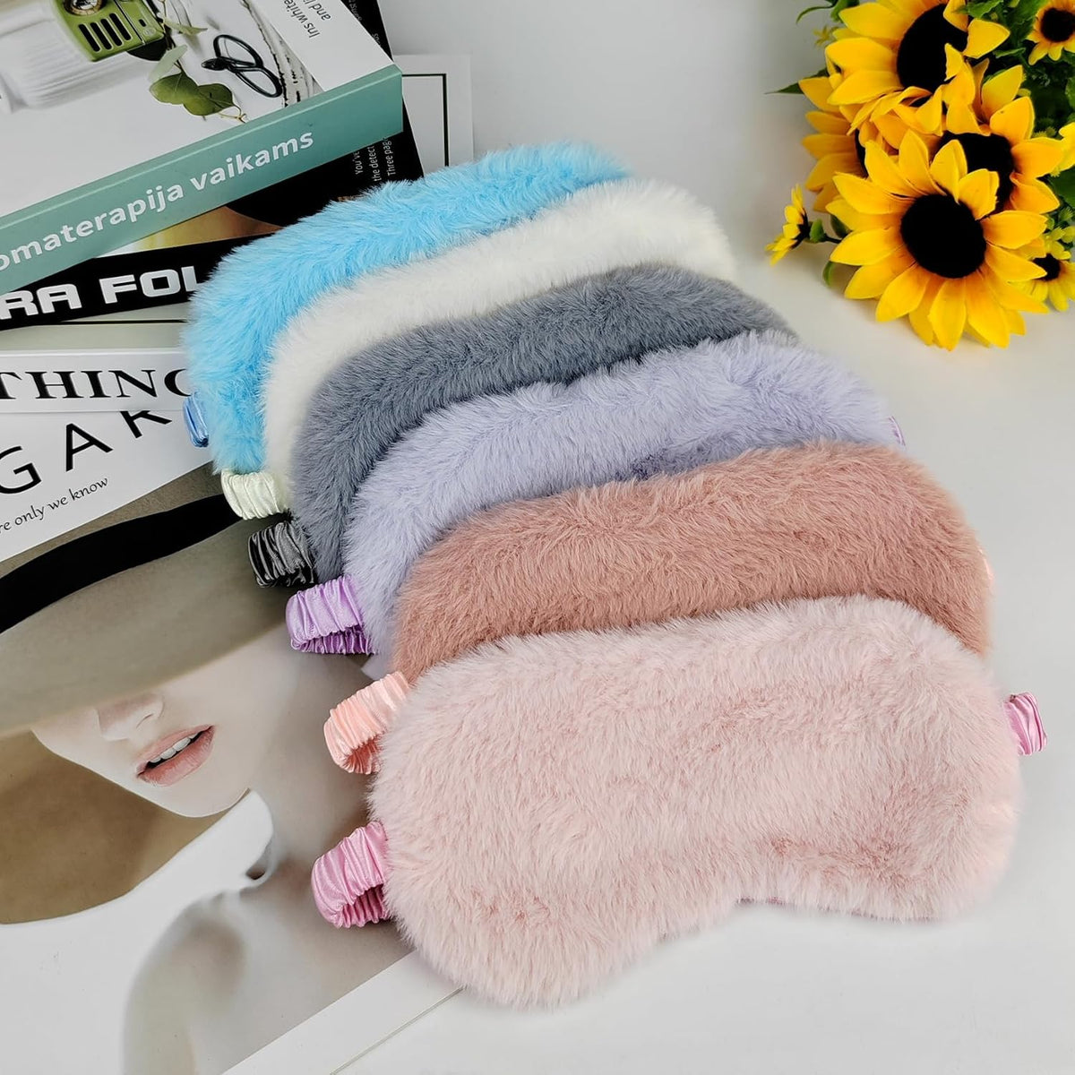 4 Pcs Plush Sleep Masks, Ultra Cute Soft Sleep Eye Cover, Blindfold Travel Sleep Masks for Kids Men Women, with Elastic Strap, Adjustable for Kids Adult (Beige,Dark Pink,Pink,Grey)