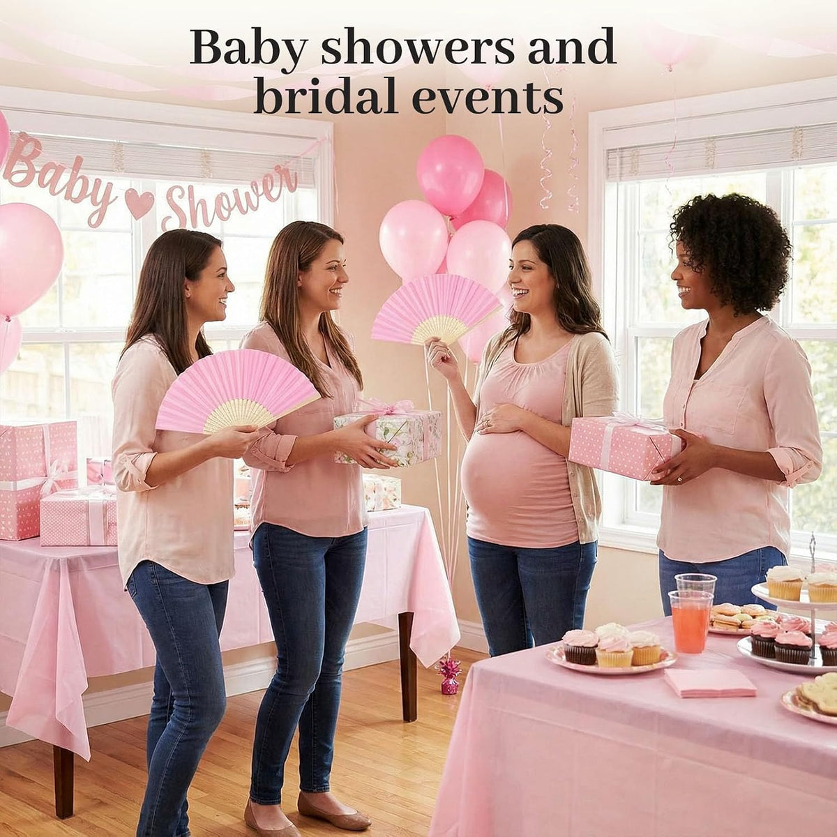 12 PCS Pink Foldable Hand Fan, 8.3 Inch Paper Fans for Women
