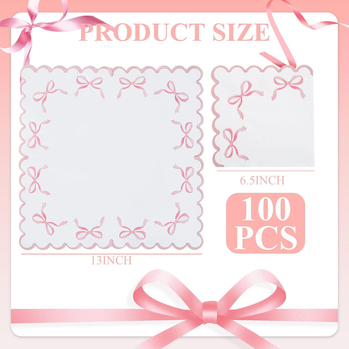 100 Pink Bow Scalloped Paper Napkins Disposable Party Napkin 6.5in